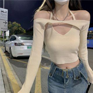 Plain Off-shoulder Halter-neck Top