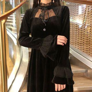 Flared-cuff Mesh Panel Midi A-line Dress