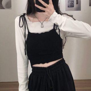 Long-sleeve Ruffle Trim T-shirt / Camisole Top