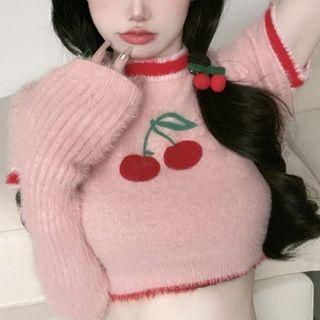 Short-sleeve Cherry Cropped Knit Top / Arm Sleeves