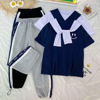 Smiley Face Print T-shirt With Shawl / Sweatpants