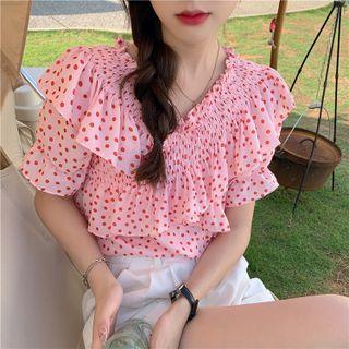 Puff-sleeve Ruffled Dotted Blouse