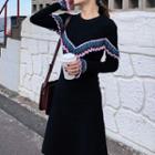 Long-sleeve Fringed Frill-trim Knit Dress