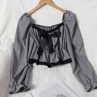 Plaid Long-sleeve Top Black - One Size