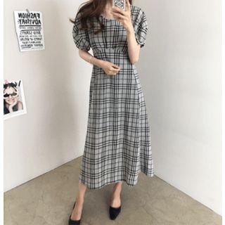 Puff-sleeve Tie-waist Checked Dress