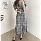 Puff-sleeve Tie-waist Checked Dress