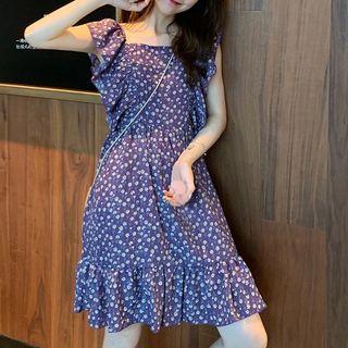 Open Back Flower Print Sleeveless A-line Dress Purple - One Size