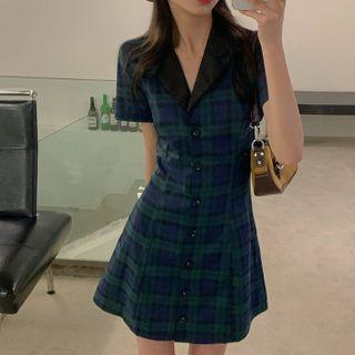 Short-sleeve Plaid Mini A-line Shirtdress Plaid - Dark Blue & Green - One Size