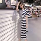 Short-sleeve Striped Slit Midi T-shirt Dress