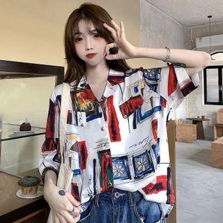 Elbow-sleeve Graphic Print Open-collar Shirt