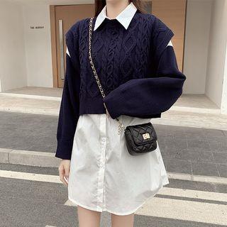 Set: Cable Knit Vest + Two-tone Shirt