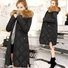 Furry-trim Long Zip Hooded Padded Coat