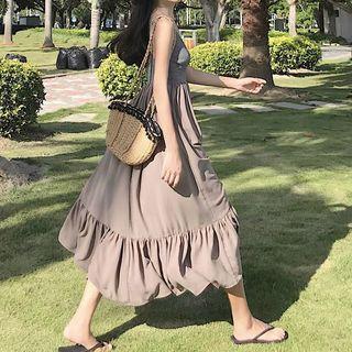 Stripe Panel V-neck A-line Midi Dress