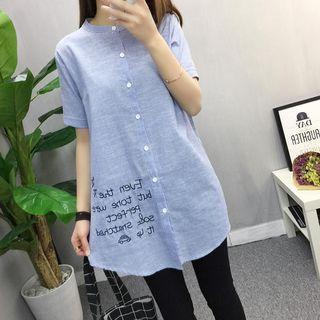 Letter Embroidered Short Sleeve Long Shirt
