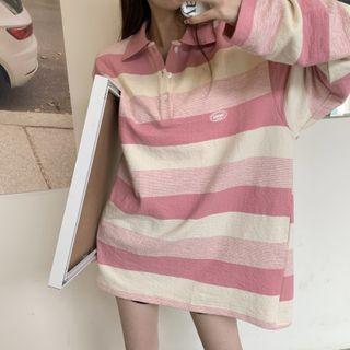 Striped Polo-neck Sweatshirt Stripe - Pink - One Size