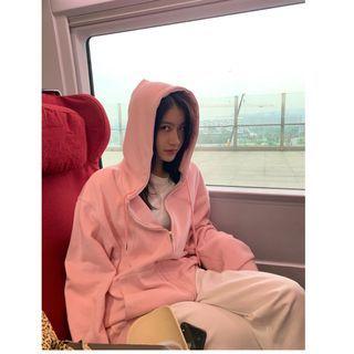 Plain Zip-up Hoodie Pink - One Size