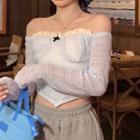 Long-sleeve Off Shoulder Plain Slim Fit Crop Top Blue - One Size