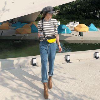 Elbow-sleeve Contrast-trim Stripe Knit Top