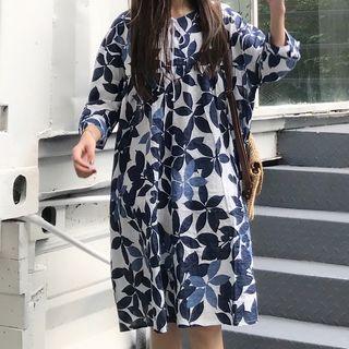 Leaf Print 3/4-sleeve Dress