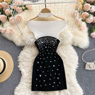 Set Of 2 : Off-shoulder Knit Top + Rhinestone Bandeau Skirt