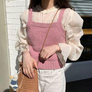 Long-sleeve Ruffled Top / Spaghetti Strap Knit Top