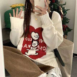 Bear Print Knit Sweater White - One Size