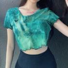 Butterfly Embroidered Tie-dyed Short-sleeve Cropped Knit Top