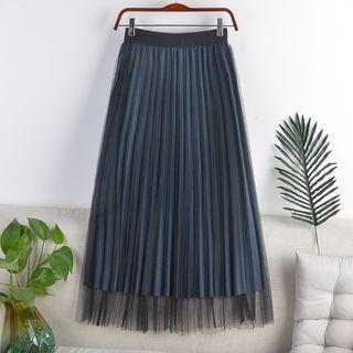 Sheer Panel Midi Pleated Skirt