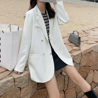 Double Breasted Padded Shoulder Plain Blazer