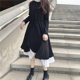 Long-sleeve Tie Waist Plain Dress + Sleeveless Ruffled Dress As Shown In Figure - One Size