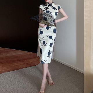 Cap-sleeve Print Midi Qipao Dress