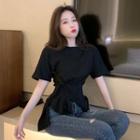 Elbow-sleeve Asymmetric Knotted T-shirt