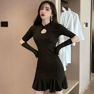 Cut-out Long-sleeve Ruffle Hem A-line Mini Dress