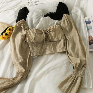 Boatneck Ribbon-neckline Crop Blouse