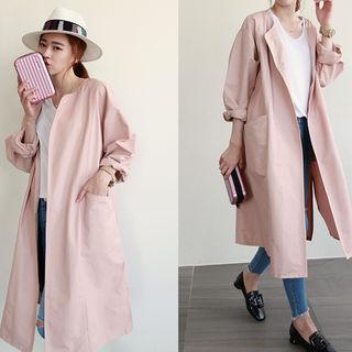 Collarless Open-front Long Coat