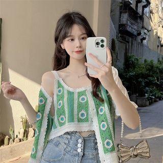 Crochet Knit Cropped Camisole Top / Short-sleeve Jacket