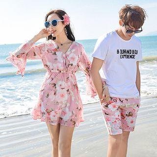 Couple Matching Floral Print Bell-sleeve A-line Dress / Beach Shorts