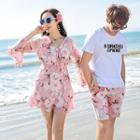Couple Matching Floral Print Bell-sleeve A-line Dress / Beach Shorts