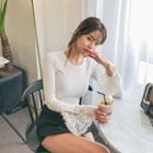Lace-cuff Ribbed Slim-fit Top