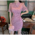 Short-sleeve Floral Print Faux Pearl Trim Qipao