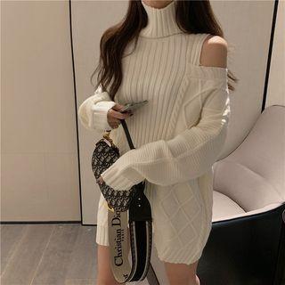 Turtleneck Cold-shoulder Cable Knit Sweater