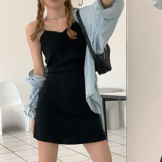 Spaghetti Strap Beaded Mini Dress / Denim Shirt