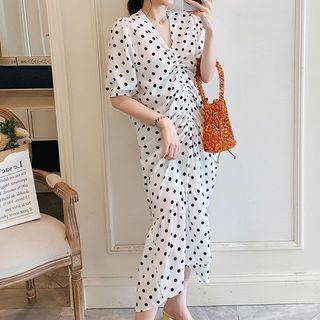Dotted Elbow-sleeve Asymmetric Midi A-line Dress