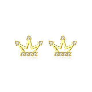 Sterling Silver Plated Gold Simple Fashion Crown Stud Earrings With Cubic Zirconia Golden - One Size