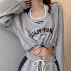 Mock Two-piece Lettering Drawstring Cropped Sweatshirt Gray - One Size