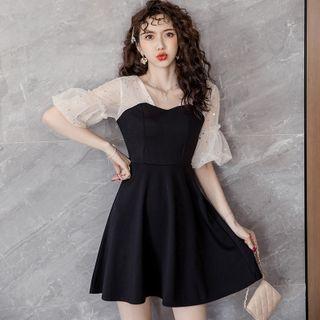 Short-sleeve Star Sequined Mesh Panel Plain A-line Dress