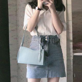 Short-sleeve Plain Shirt / Frayed Denim Mini Pencil Skirt / Set
