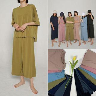 Set: Dip-back Textured Boxy Top + Wide-leg Pants
