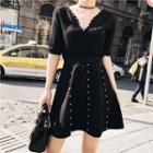 Set: Elbow-sleeve V-neck Beaded Top + A-line Skirt