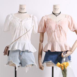Lace-trim Tie-front Peplum Top